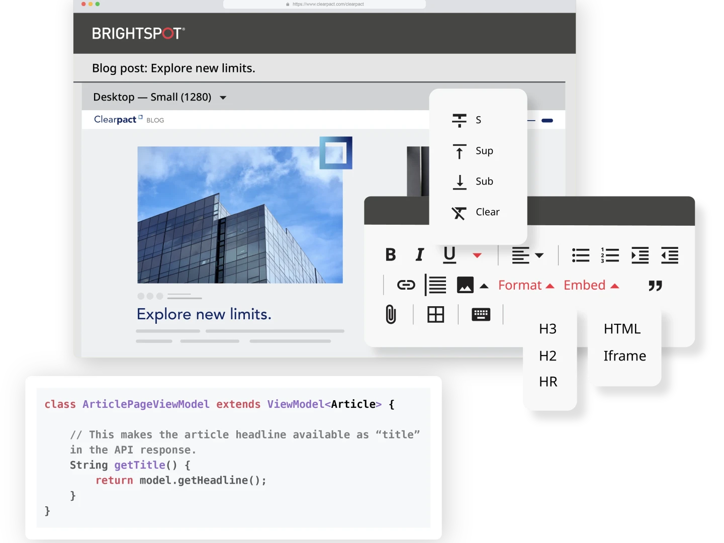 examples of Brightspot CMS screens illustrting developer flexibility