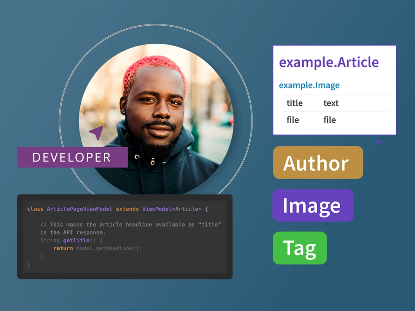 illustration of Developer persona with related CMS tools and functionality