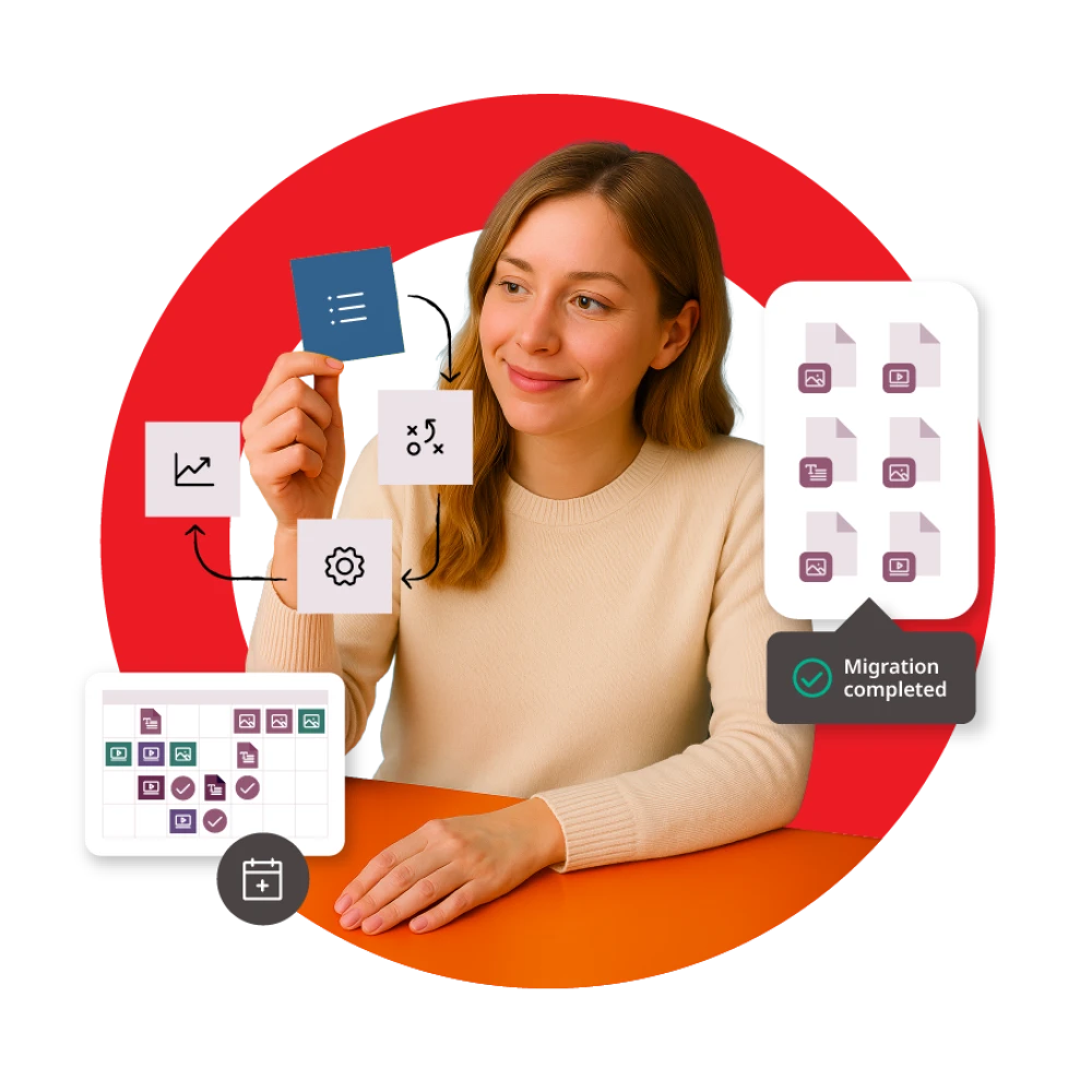 Graphic of a young woman sitting with the Brightspot red circle in the background along with icons featuring workflow tasks and files.