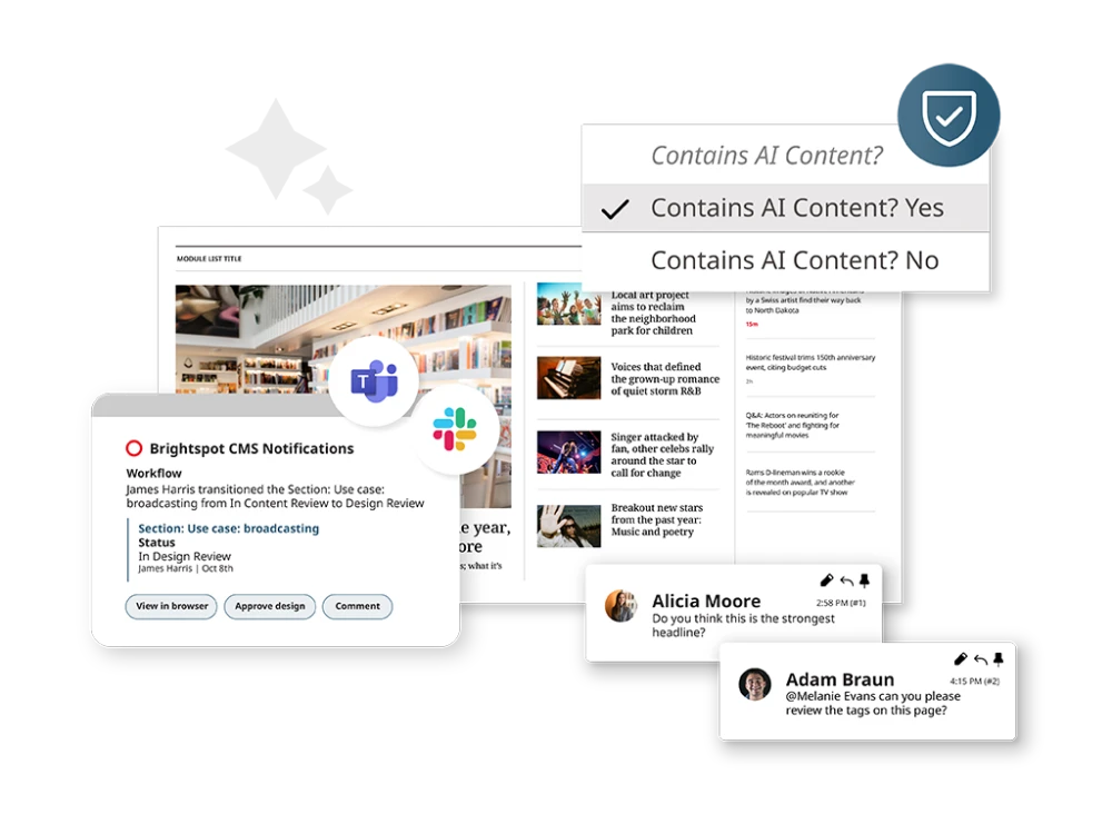 illustration depicting Brightspot CMS features including AI, collaboration and workflow capabilities