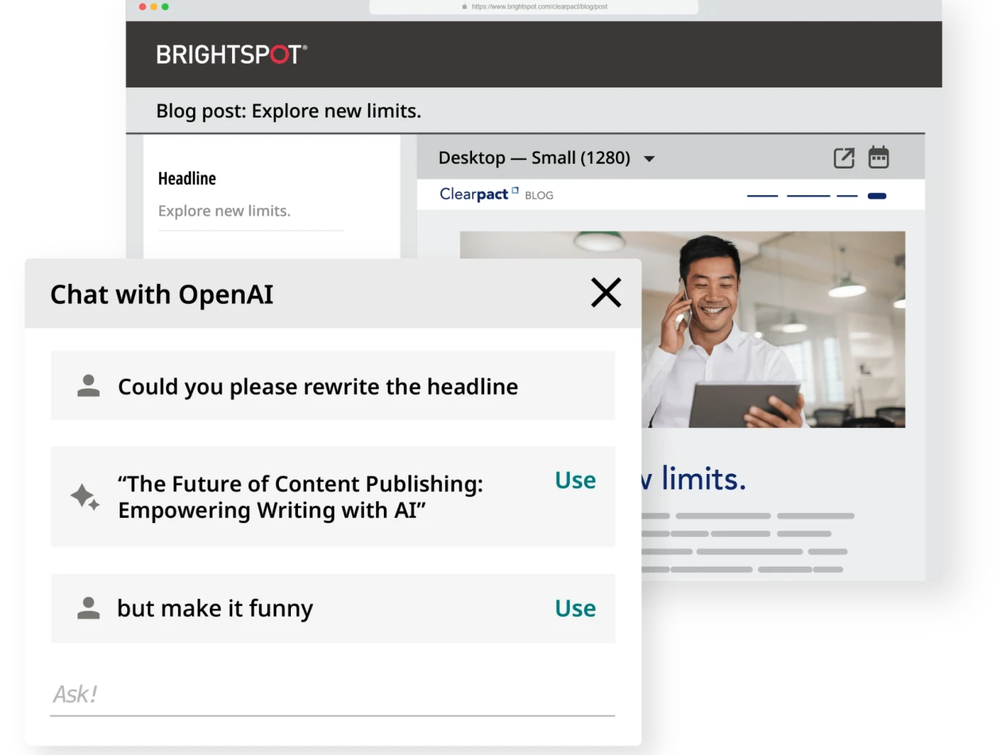 Chat with OpenAI screens from Brightspot CMS