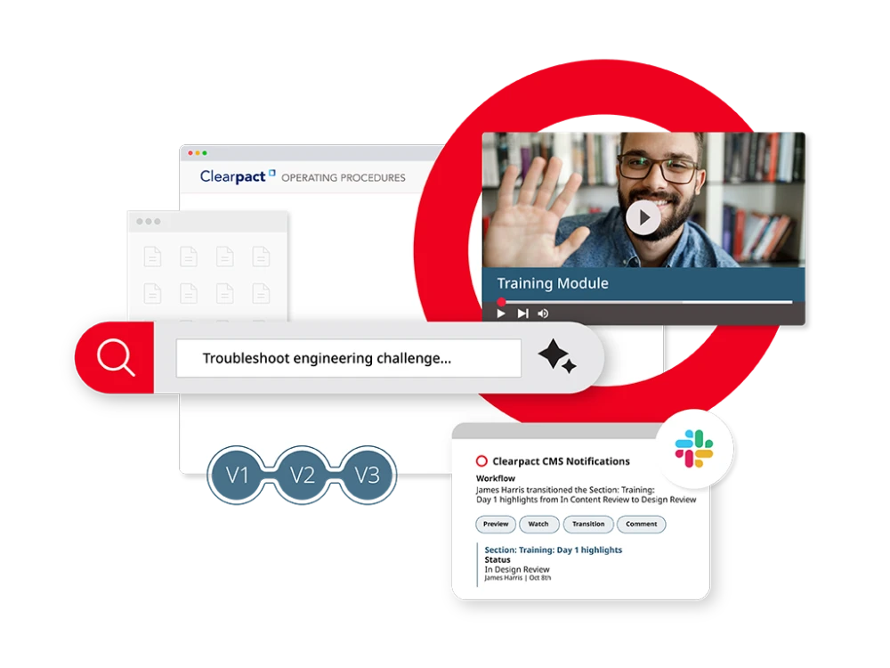 graphic depicting Brightspot CMS's knowledge management capabilities overlaid on red Brightspot logo
