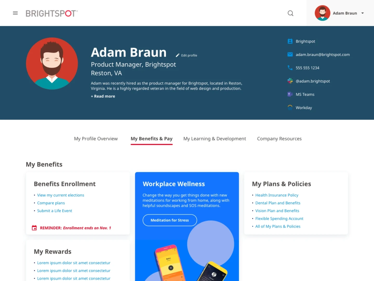 mockup of an employee dashboard in a company intranet portal